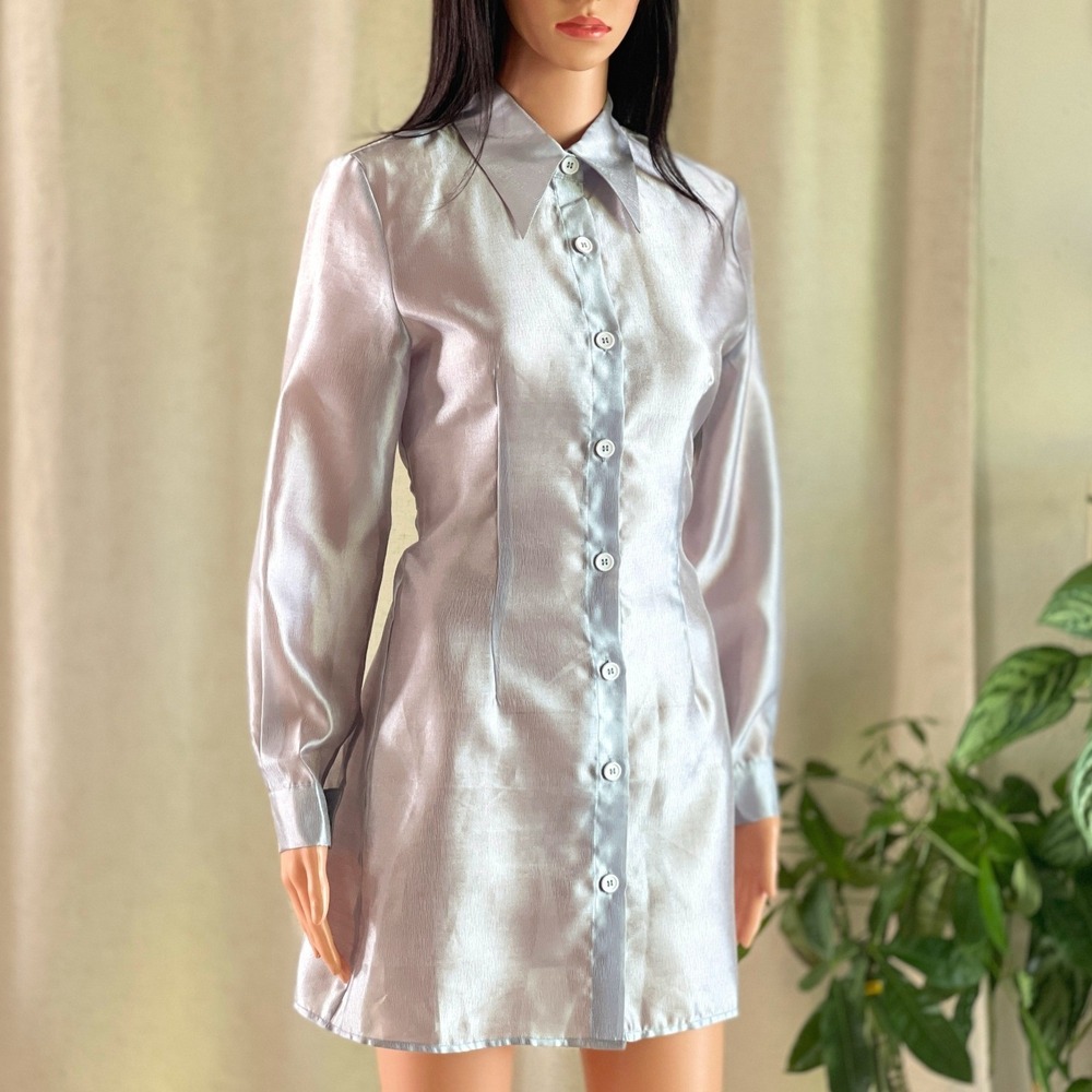NWT Ghospell Sheer Shirt Dress Silver Metallic Iridescent Long Sleeve Mini XS